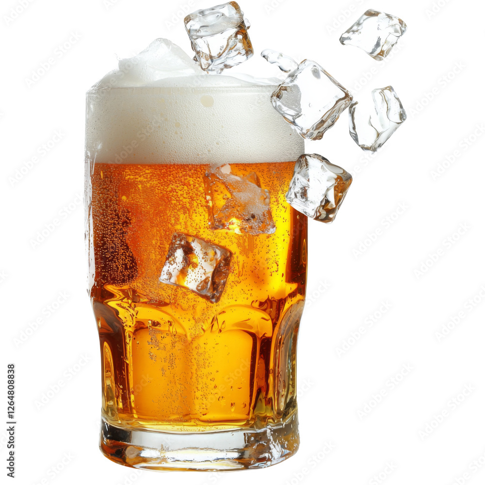 Poster refreshing beer with ice cubes and frothy foam, perfect for summer enjoyment
