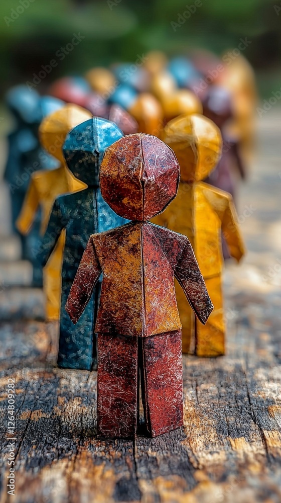 Poster a lineup of uniquely colored paper figures stands out against the rustic backdrop, showcasing a play