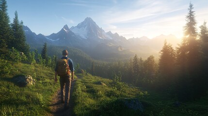 Adventure Enthusiast Exploring Scenic Mountain Range at Sunrise with Backpack