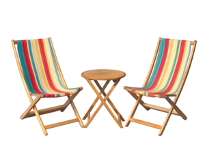 Colorful beach chairs with small round table create relaxing outdoor space. Perfect for enjoying sunny days by sea or poolside