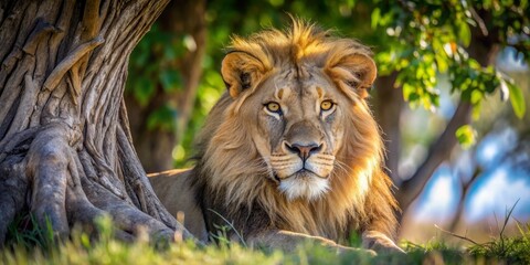 Fototapeta premium Majestic lion resting beneath a tree in natural habitat landscape