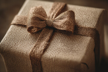 Beautifully wrapped gift box with a burlap texture and a brown ribbon for special occasions or celebrations