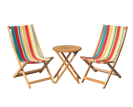 Colorful beach chairs with small round table create relaxing outdoor space. Perfect for enjoying sunny days by sea or poolside
