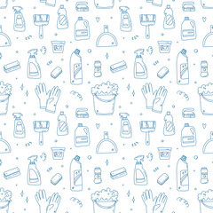 vector seamless pattern with cleaning products and brushes