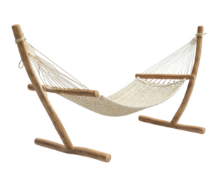 beachside hammock chair made of wood, offering relaxing vibe for outdoor leisure. Perfect for enjoying sunny days and unwinding in nature