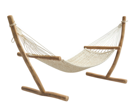beachside hammock chair made of wood, offering relaxing vibe for outdoor leisure. Perfect for enjoying sunny days and unwinding in nature