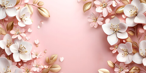 A pink background with white flowers and gold accents