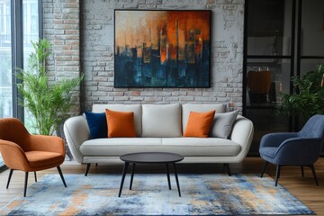 Stylish modern living room with contemporary furniture and vibrant artwork in a cozy urban setting