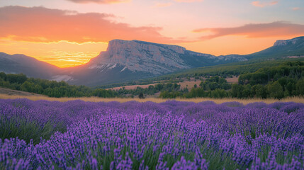 Lavender blooms stretch across the landscape as the sun sets behind majestic mountains, casting warm hues over the vibrant purple flowers and tranquil valley below