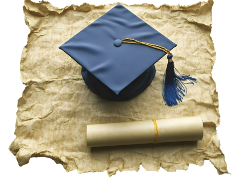 A blue cap and a blue ribbon are on top of a piece of paper