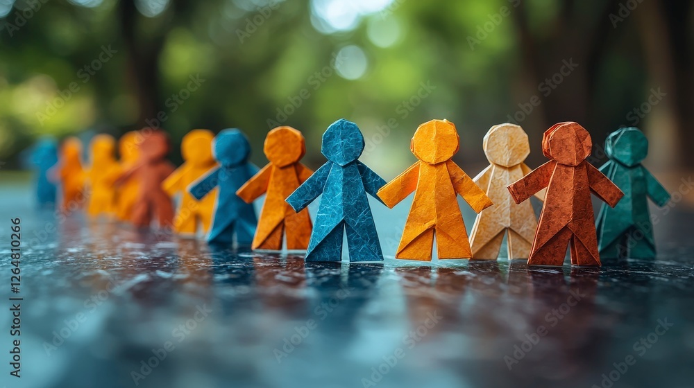 Poster artistic arrangement of colorful paper figures lined up on a reflective surface, showcasing creativi