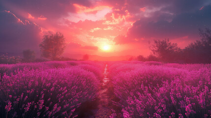 A breathtaking lavender field stretches into the distance, its vivid purple blooms illuminated by the warm glow of a setting sun