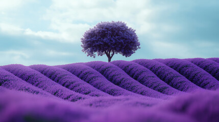In a picturesque rural setting, vibrant lavender blooms create undulating waves across the landscape, while a lone tree stands gracefully against a vast sky. The scene radiates tranquility and beauty