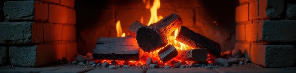 Softly glowing embers surround dry logs in a cozy stone fireplace,  wood,  stone,  cozy