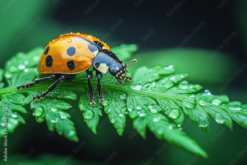 Poster macro view of a ladybug resting on a green leaf with dew drops in a natural setting during daylight