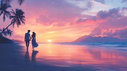 Fototapeta premium Romantic Couple Walking Hand in Hand on Tropical Beach at Sunset Bliss