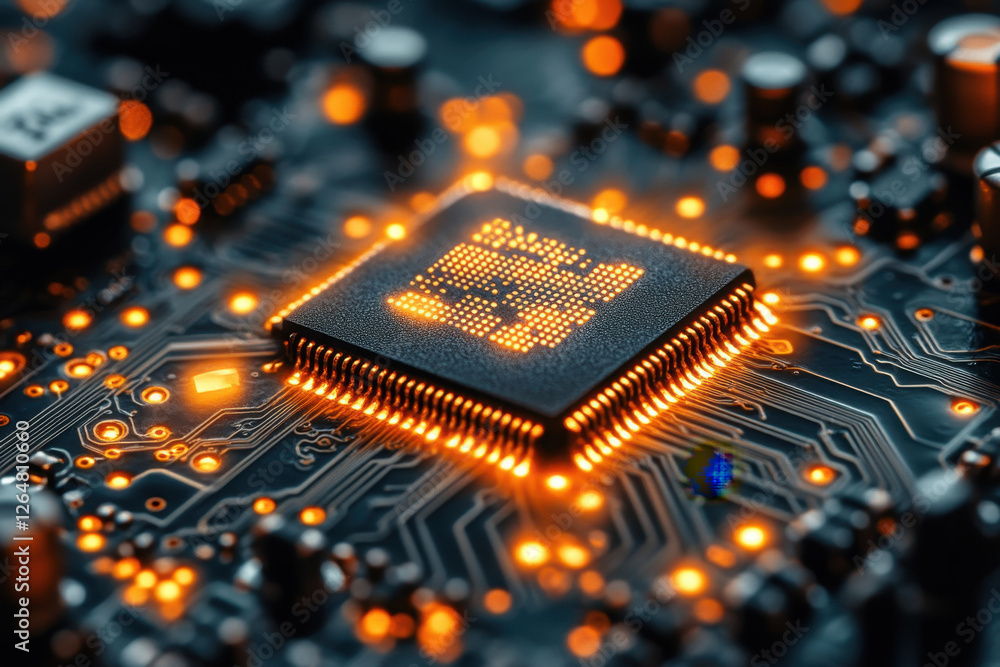 Poster circuit board close-up showcasing a glowing microchip in a dark setting highlighting advanced techno
