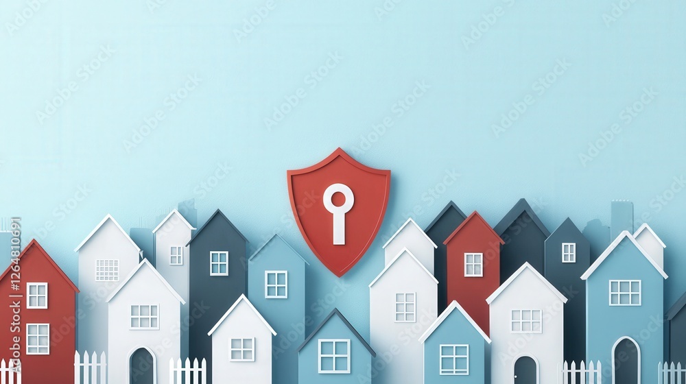 Poster a row of houses with a key and a red shield on top of them. the houses are all different colors