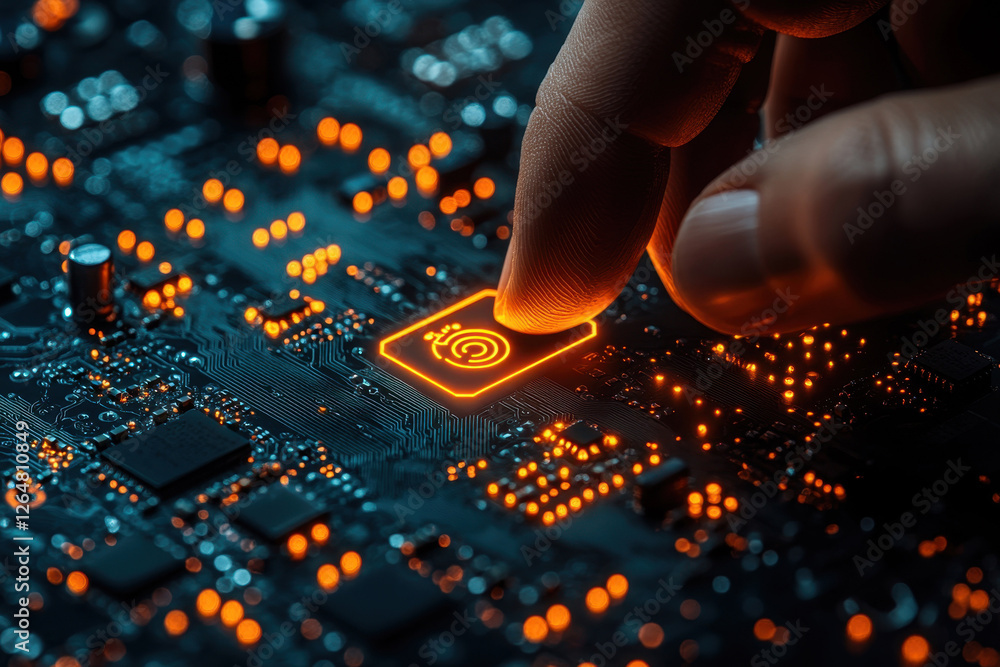 Poster hand pressing a glowing button on a circuit board showcasing advanced technology and design