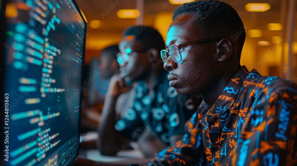 Poster Two programmers focus on their screens, coding diligently in a vibrant tech hub filled with glowing displays and an energetic atmosphere during the night.