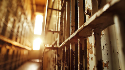 Obraz premium Close-up of a prison gate opening with sunlight shining through, symbolizing freedom, new beginnings, and hope for a fresh start in life.