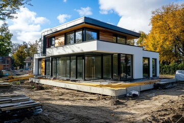 Obraz premium Modern house under construction with glass facade