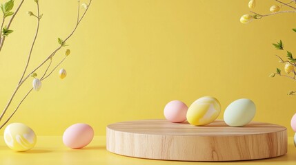 Colorful Easter Eggs on Wooden Stand with Yellow Background