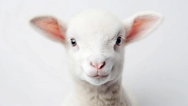 A baby lamb with its head turned to the side and its eyes looking up. The lamb is white and fluffy, and it is curious and playful
