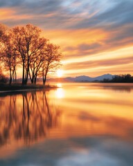 Obraz premium Golden Sunset Reflecting Over Serene Lake with Silhouetted Trees and Mountains