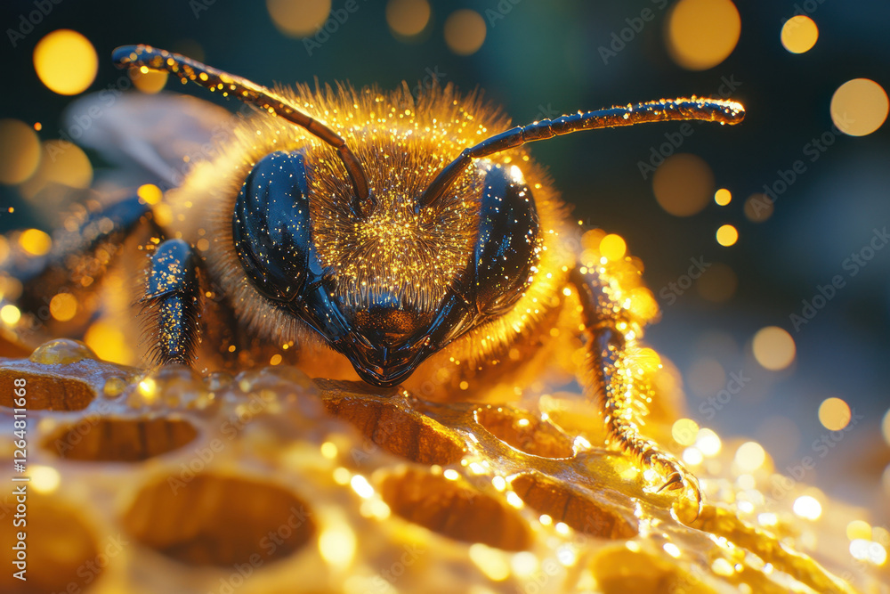 Poster detailed view of a bee on a honeycomb showcasing intricate textures and sparkling details in a natur