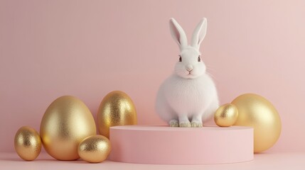 Adorable White Rabbit Surrounded by Gold Eggs on Pink Background