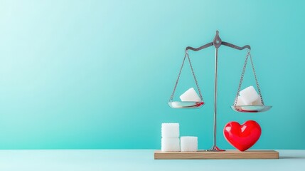 A scale with a heart and sugar cubes on it. The scale is balanced with the heart on one side