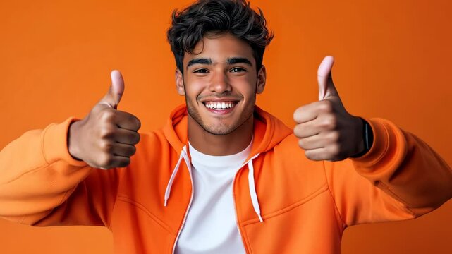 Man in an orange hoodie is giving a thumbs up. He is smiling and he is happy