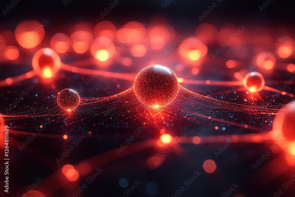 Poster exploring the concept of quantum particles interconnected through glowing energy fields in a dark en