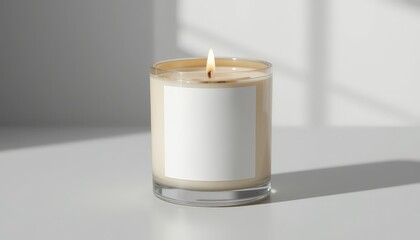 A lit candle in a glass holder with a blank label, set against a minimalist background, ideal for wellness, home decor or brand promotion in candle markets.