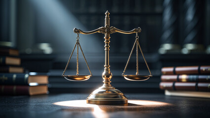 Symbolic Scales of Justice in a Classic Law Office traditional law office with stacks of legal books in the background