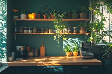 Kitchen with wooden shelves lined with plants, jars, and a coffee maker in a sunlit room