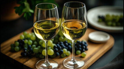 Two elegant glasses filled with white wine stand beautifully beside a generous spread of green and black grapes on a wooden cutting board. Soft light enhances the inviting atmosphere