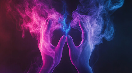 Obraz premium A purple and pink smoke on a black background, with a blue flame at the end.