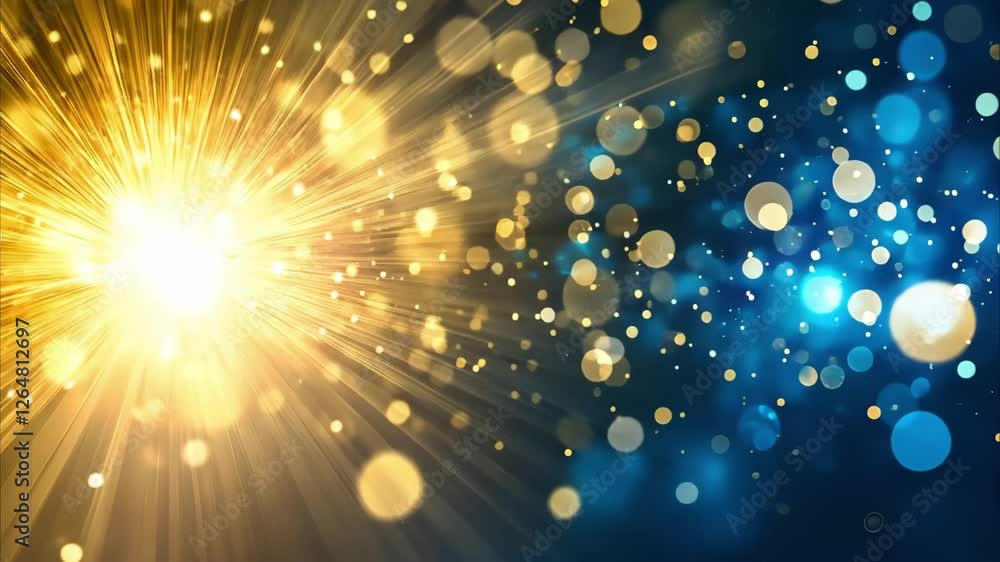 Poster a vibrant burst of light with golden and blue bokeh effects, creating a dynamic and festive atmosphe