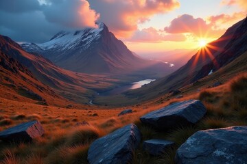 Fototapeta premium Golden Hour Serenity Majestic Mountain Valley at Sunset with Scattered Rocks