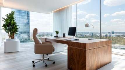 Elevate your workspace high-end executive office city skyline interior design modern environment aesthetic concept