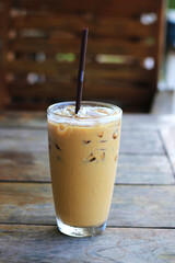 Iced coffee on wood table