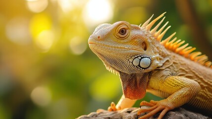 Obraz premium Colorful iguana basking under sunlight in a natural outdoor setting.