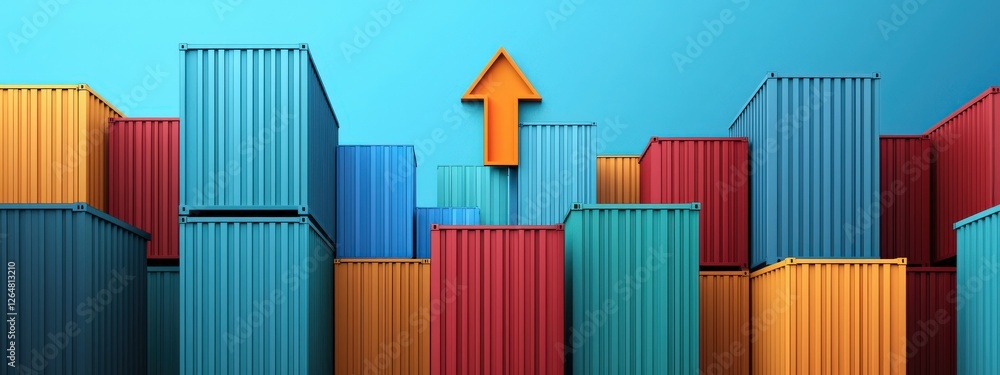 Poster a stack of containers with a red and orange arrow pointing upwards. concept of growth and progress