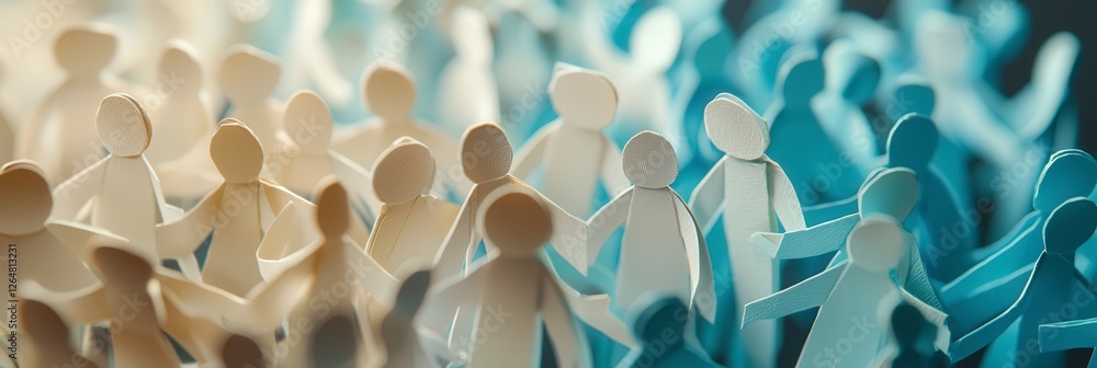 Poster a cascade of blue and white paper figures holding hands, conveying a sense of unity and community in