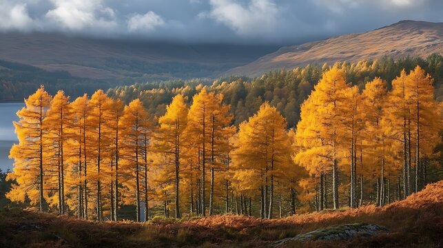 Vibrant autumn forest on a hillside under a blue sky.
