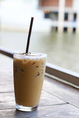 Iced coffee on wood table