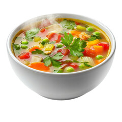 Delicious vegetable soup with colorful ingredients, steam rising, and fresh herbs. Perfect for cozy meal or healthy diet