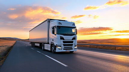 Longhaul truck driving open highway vehicle photography sunset landscape side view journey
